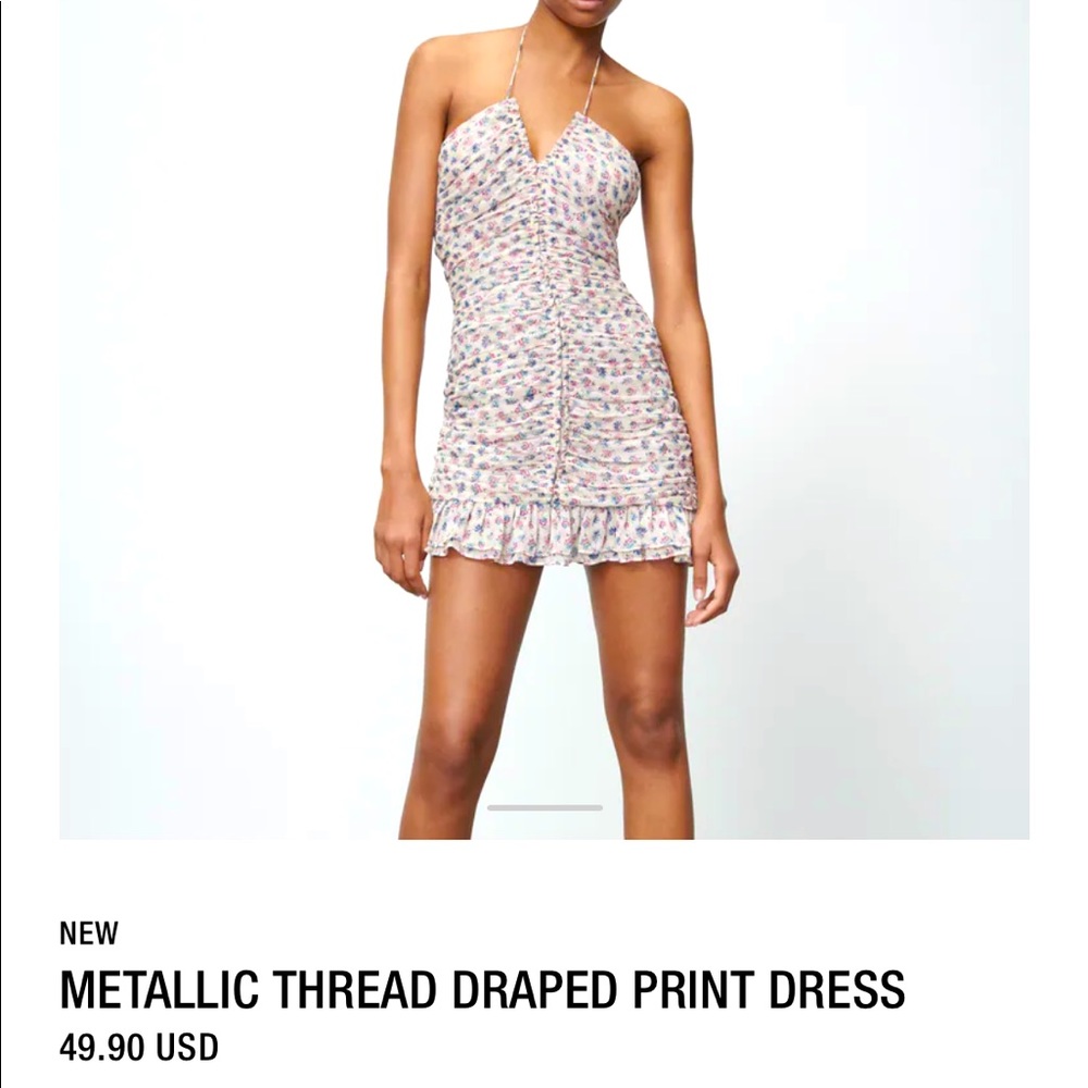 Metallic thread draped print dress by Zara
